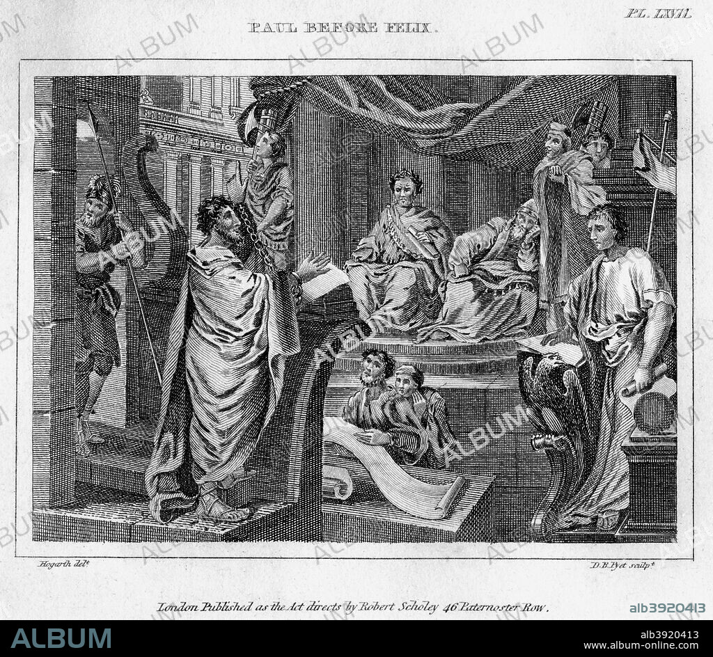 'Paul Before Felix', 18th century. Paul, with his hands chained, stands before the  governor Felix, defending himself. A Roman soldier to the left of Paul leans against his spear looking very bored. Two men at the feet of Paul take down what he is saying. A concerned Felix takes the hand of a worried looking woman. On the right of Felix a man leans his head on his hand looking as if he has heard enough. The caption says that Felix trembled as Paul talked of righteousness, temperance and judgment.