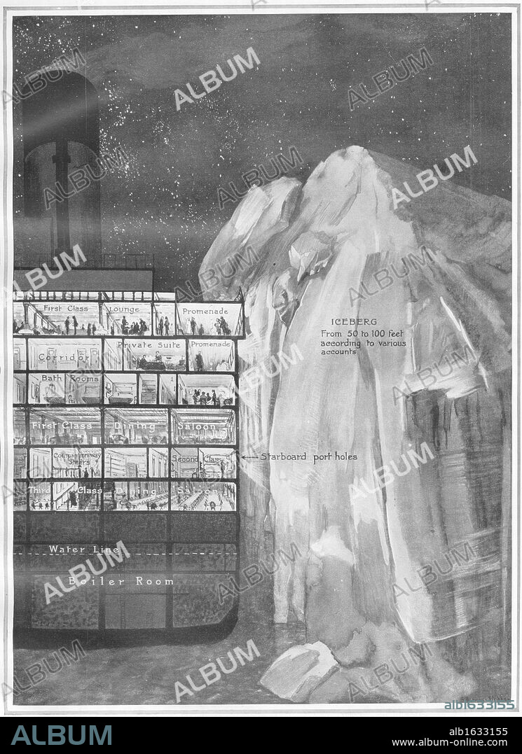 Titanic Hitting Iceberg. RMS Titanic Hitting Iceberg. Illustration of the Titanic hitting the iceberg showing a cross-section of the decks. Titanic was built by Harland & Wolff in Belfast Ireland during 1910 - 1911 and later sank on April 16th 1912 after striking an iceberg off the coast of New Foundlandduring her maiden voyage from Southampton, England to New York, USA, with the loss of 1,522 passengers and crew. (Photo by Titanic Images/Universal Images Group).