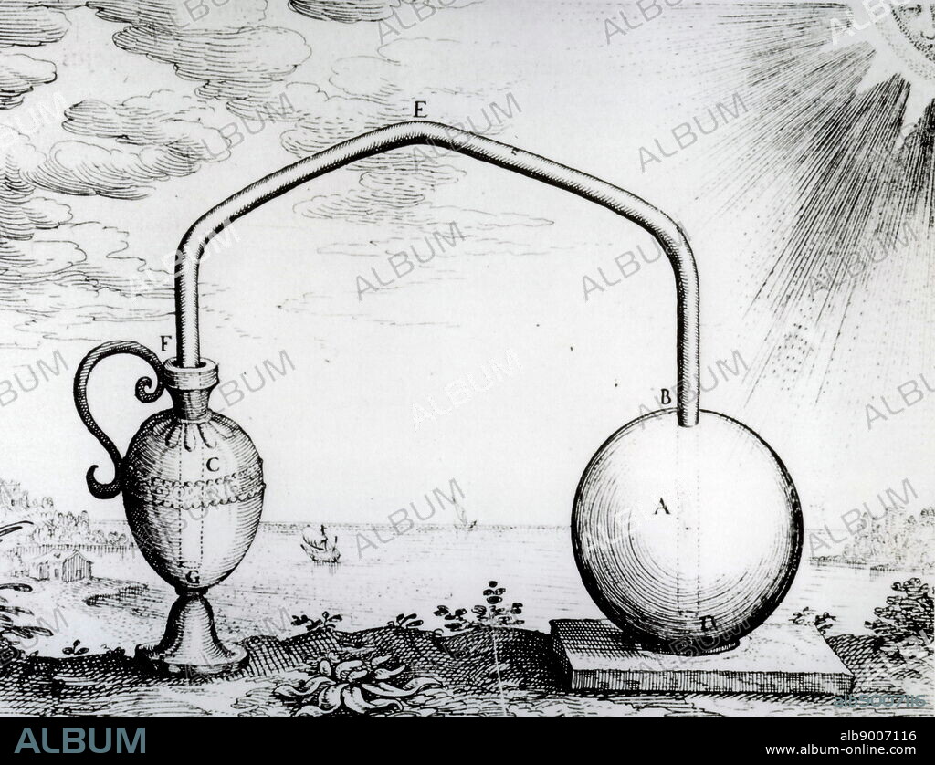 Engraving depicting an experiment to prove the expansion of air by heat conducted by Philo of Byzantium. Philo of Byzantium (280 BC - 220 BC) a Greek engineer and writer on mechanics. Dated 17th Century.