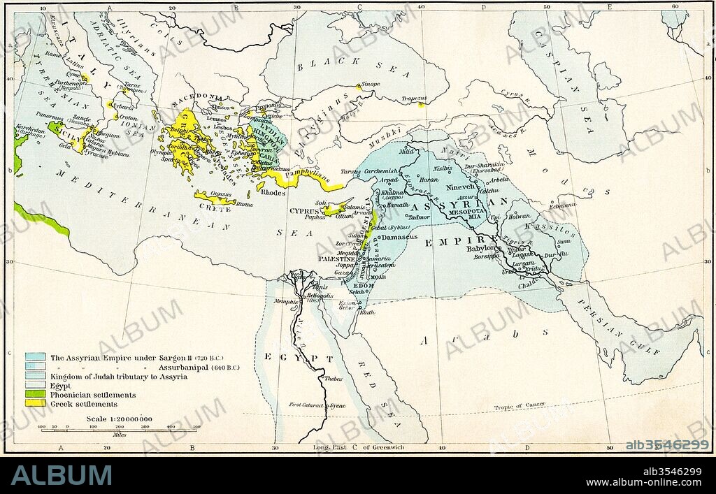 Map of the Assyrian Empire and the region around the eastern Mediterranean, 750 - 625 B.C. From Historical Atlas, published 1923.