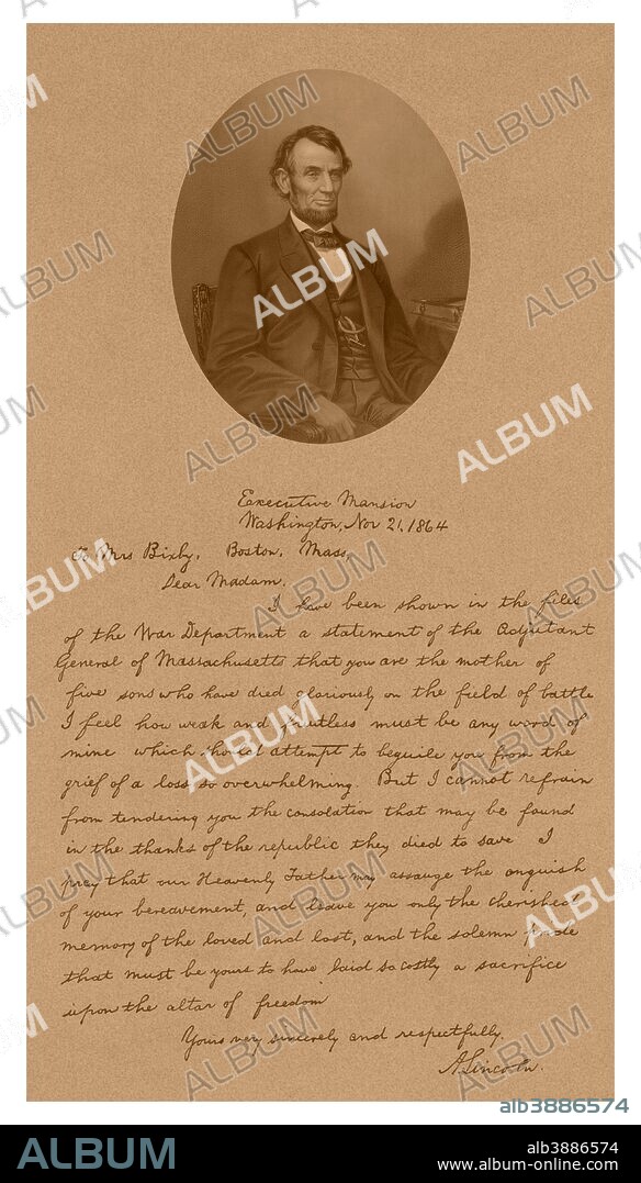 Vintage American History print of President Abraham Lincoln and his letter to Mrs. Bixby on the loss of her five sons during The Civil War. The letter reads, Dear Madam, I have been shown in the files of the War Department a statement of the Adjutant General of Massachusetts that you are the mother of five sons who have died gloriously on the field of battle. I feel how weak and fruitless must be any word of mine which should attempt to beguile you from the grief of a loss so overwhelming. But I cannot refrain from tendering you the consolation that may be found in the thanks of the Republic they died to save. I pray that our Heavenly Father may assuage the anguish of your bereavement, and leave you only the cherished memory of the loved and lost, and the solemn pride that must be yours to have laid so costly a sacrifice upon the altar of freedom. Yours, very sincerely and respectfully, A. Lincoln.
