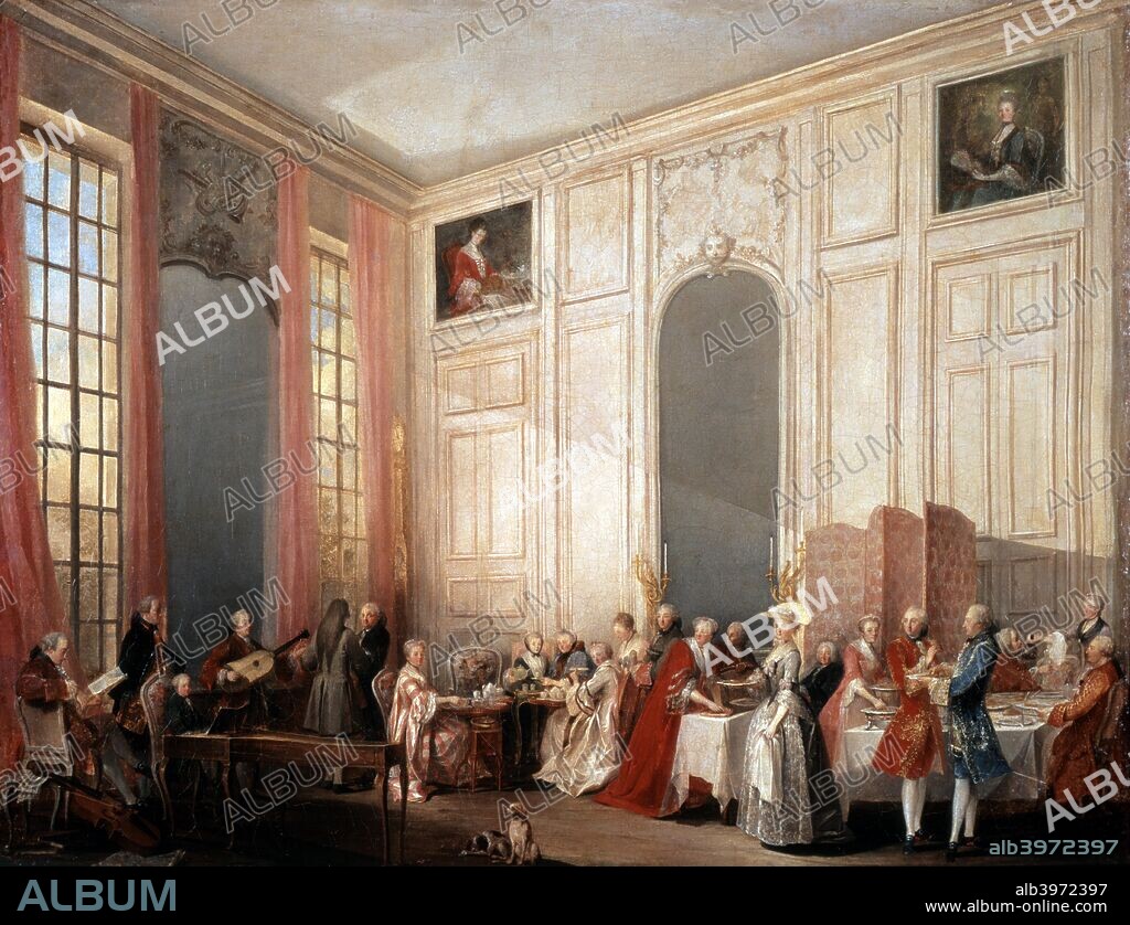 'English Tea Party with the Prince of Conti at the Temple', 1766. The young Wolfgang Amadeus Mozart is seated at the clavichord at the left of the picture.