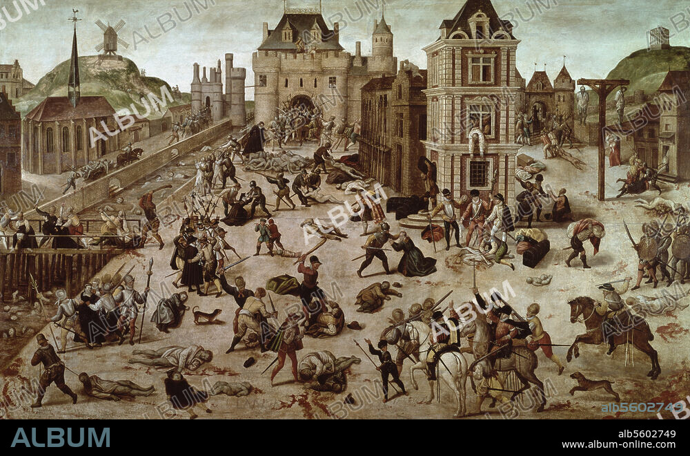FRANCOIS DUBOIS. Hugenottenkriege / Bartholomaeusnacht am 23./24. August 1572 (Massaker an franz. Calvinisten in Paris anläßlich der Hochzeit Heinrichs IV. mit Margarete von Valois). "Le Massacre de la Saint-Barthélemy". Gemälde von François Dubois (1529-1584). Öl auf Holz, 94 x 154 cm. Inv. Nr. 729. Lausanne, Musée Cantonal des Beaux-Arts.