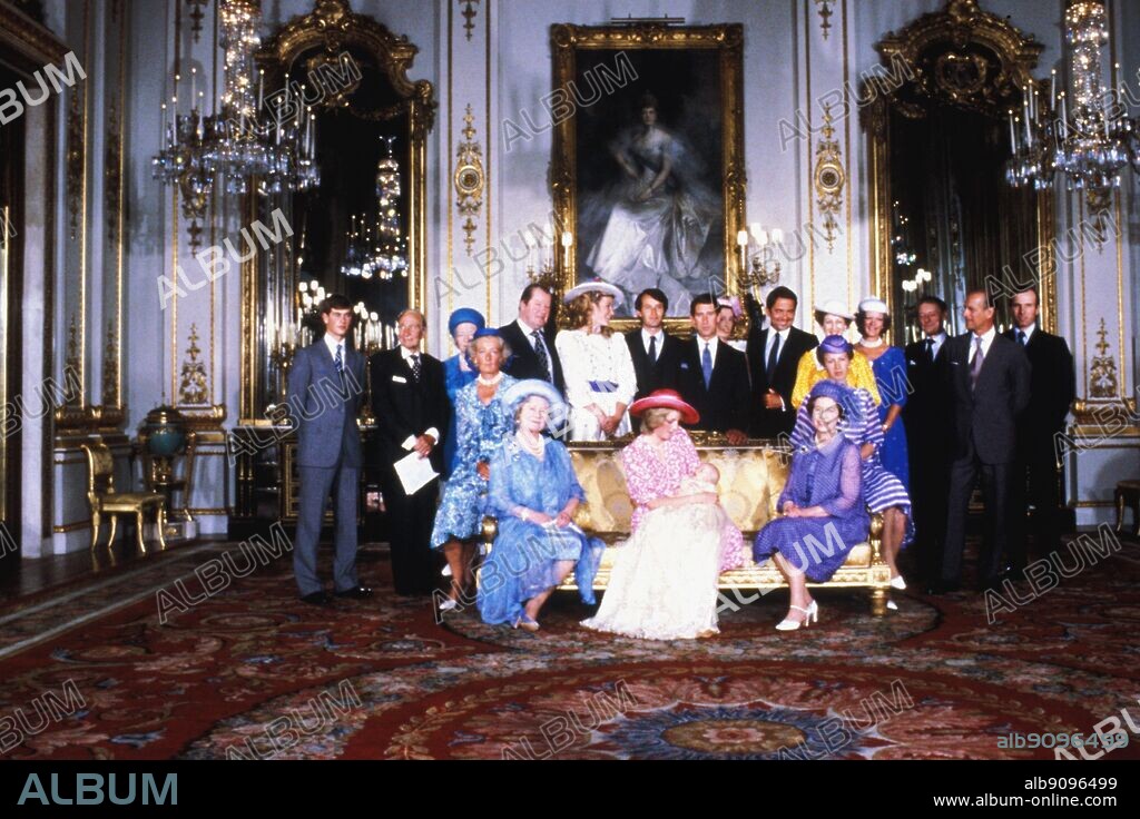 Christening of the first son, William, of Prince and Princess of Wales (Lady Diana Spencer) 29 July 1981 - Buckingham Palace. Diana is flanked by Queen Elizabeth the Queen Mother (grandmother to Prince Charles and mother to Queen Elizabeth II) and Queen Elizabeth II (mother of Prince Charles and mother-in-law to Diana). In the photo behind are The Edward, Earl Spencer (Diana's father), Frances Shand Kydd (Diana's mother), Prince Edward and Prince Andrew (Charles's brothers), Princess Anne, The Princess Royal (Charles's sister), Prince Philip the Duke of Edinburgh, and others.. ©TopFoto.