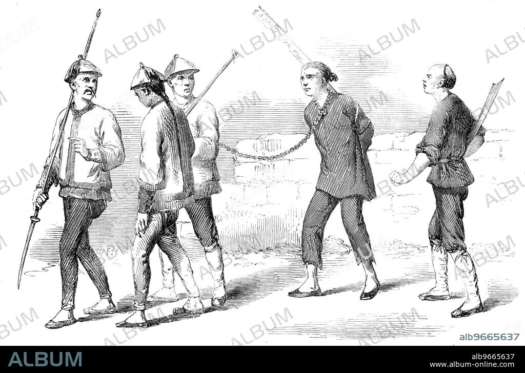 Chinese Criminal led to Execution - from a drawing by a Chinese artist, 1857. 'The penal code of China...is marked by great barbarity. The punishments are in general most cruel, and ill proportioned to the crimes for which they are inflicted: for the slightest offence a mandarin is degraded, banished, and even deprived of all property. [The iIllustration is]...selected from a series of beautifully-executed drawings in colours, upon rice- paper, in a small folio volume, which has been obtained in Canton by an officer of the Hon. East India Company's Service...[It shows] a criminal being led by a chain to execution. A flat lath, or strip of wood, which is attached to his neck in such a manner as to project above his head, bears, in Chinese characters, a description of his crime; the nature of which, however, it is difficult to guess, on account of the number of capital offences in the Chinese code'. From "Illustrated London News", 1857.