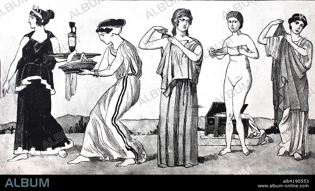 Dress fashion of the Greeks in the early days, 5th century BC, from the left, two women at the grave and death cult, woman putting on the woolen chiton, girl putting on the bust band, a strophion, Girl puts on the cape pinned on the shoulder with a needle, called Chlamys, digital improved reproduction of an original print from the 19th century.