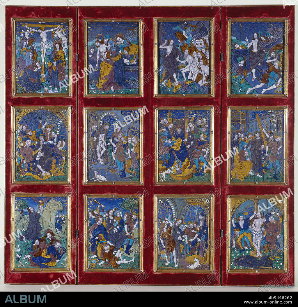 The Arrest of Christ, Master with large foreheads (workshop of), Enameller, Schongauer, Martin, Author of the model, Pénicaud, Nardon (workshop of), Painter on enamel, Between 1500 and 1530, 16th century, Petit Palais Ground floor Room 35, Silver, Silverware, Beliefs - Customs - Cults - Ceremonies, Metal, Metal arts, Decorative arts, Altarpiece, Copper, Enamel (metal technique), Silver, Enamel (ceramic technique), Gold, Limoges, Limoges, Height: 17 cm, Width: 12. 7 cm.