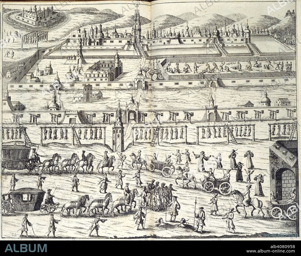 Execution of the Streltsy. Diarum Itineris in Moscoviam. Vienna, 1700. Peter the Great's execution of the Streltsy, outside the walls of the Kremlin. Diarum Itineris in Moscoviam.  Image taken from Diarum Itineris in Moscoviam.  Originally published/produced in Vienna, 1700. . Source: 151.e.2, between 84 - 85.