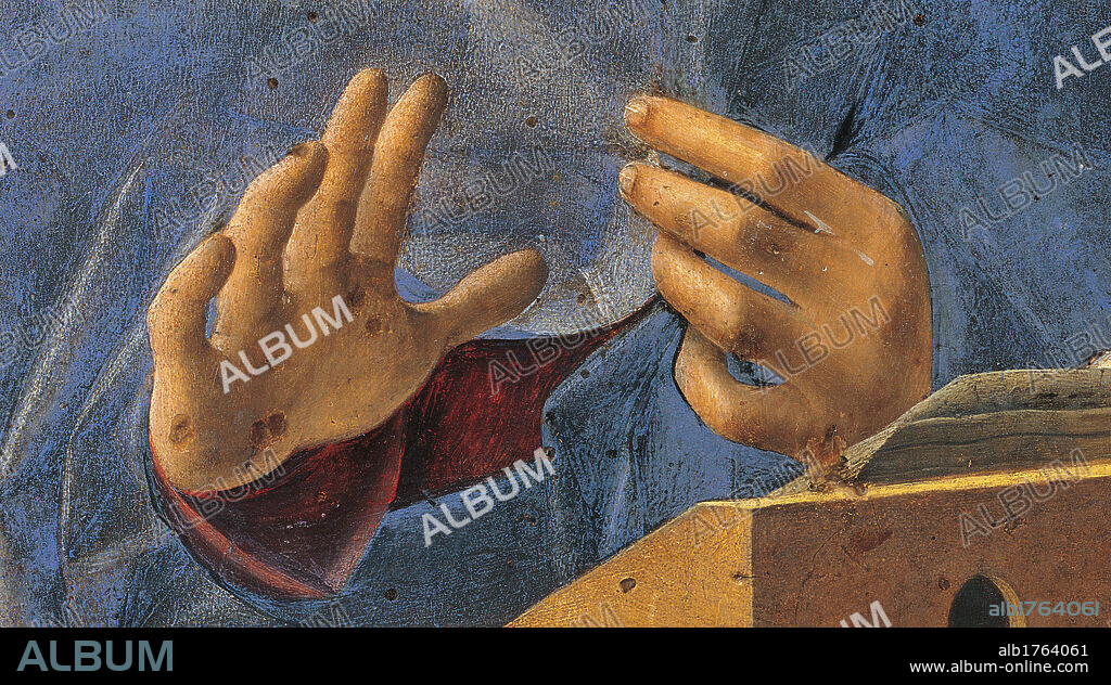 The Virgin Annunciate, by Antonello di Antonio known as Antonello da Messina, 1476-1477 about, 15th Century, panel, cm 45 x 34,5. Italy, Sicily, Palermo, Palazzo Abatellis, Region Gallery of Sicily. Detail hands Virgin Mary blue reading desk. Authorization required for non editorial use.