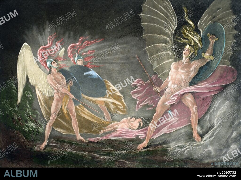 John Milton (1608-1674). British poet. Paradise Lost. 1658-1667. Satan tempts Eve in the dream. Engraving of John Martin (1789-1854). Colored.
