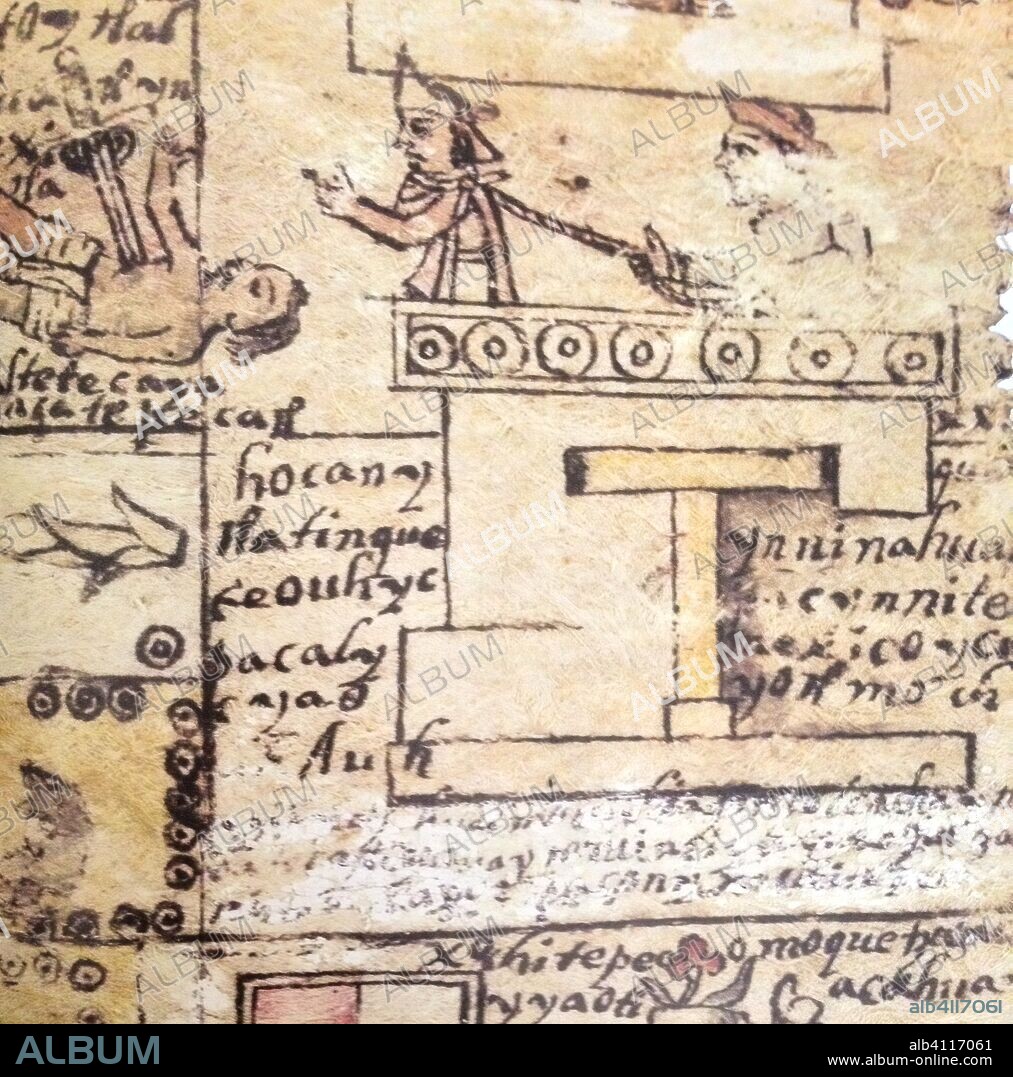 Códice Moctezuma, emperador Moctezuma atado con una cadena en el cuello. Siglo XVI.