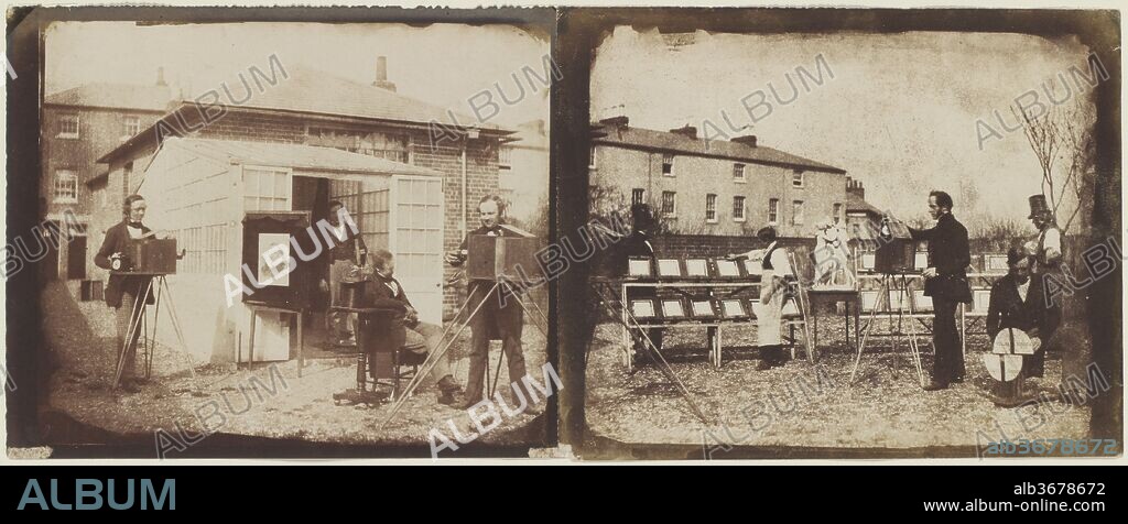 [The Reading Establishment]. Artist: Attributed to William Henry Fox Talbot (British, Dorset 1800-1877 Lacock); Attributed to Nicolaas Henneman (Dutch, Heemskerk 1813-1898 London). Dimensions: Left image: 18.6 x 22.4 cm (7 5/16 x 8 13/16 in.)
Right image: 18.1 × 22 cm (7 1/8 × 8 11/16 in.)
Overall sheet: 19.9 × 49.1 cm (7 13/16 × 19 5/16 in.). Date: 1846.
The widespread distribution of large editions of photographic prints was the promise of Talbot's negative-positive process and its principal advantage over the contemporaneous French daguerreotype. In early 1844, in an effort to encourage the mass production of paper photographs, Talbot supported Nicolaas Henneman, his former valet, in the creation of the first photographic printing firm, situated in the town of Reading. It was there that prints for The Pencil of Nature were produced. 
The activities of the Reading establishment are shown here: Talbot, operating the camera at the center, makes a portrait, while at the right Henneman photographs a sculpture of the Three Graces. Other employees copy an engraving, stand attentively with a second camera back-loaded with sensitized paper, attend the racks of glass frames in which negatives and photographic paper are sandwiched for printing in sunlight, and adjust a device likely intended to aid focusing.