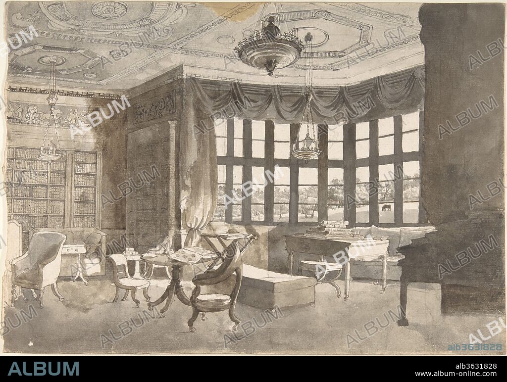 Interior of an English Country House Library. Artist: Anonymous, British, late 19th to early 20th century. Dimensions: sheet: 10 1/2 x 14 3/4 in. (26.7 x 37.5 cm). Date: ca. 1900.