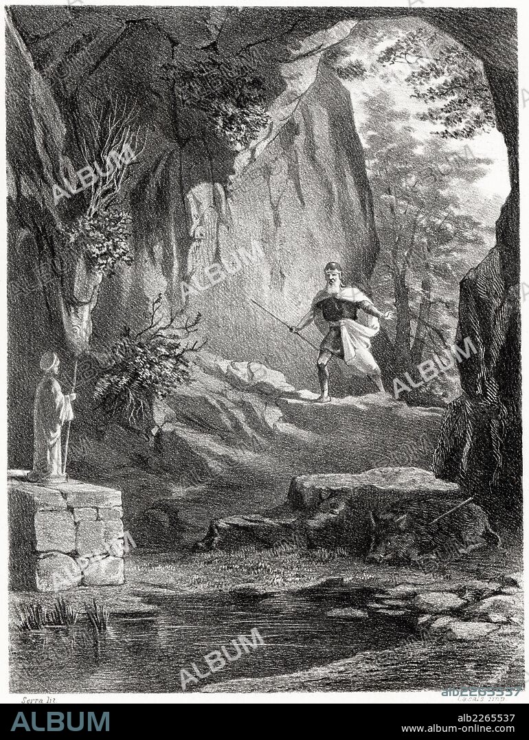 Historia de España. El rey Sancho Garcés III de Pamplona (990-1035) hace votos para reedificar Palencia en el interior de la cueva custodiada por una imagen de San Antolín. Siglo XI. Grabado de 1872.