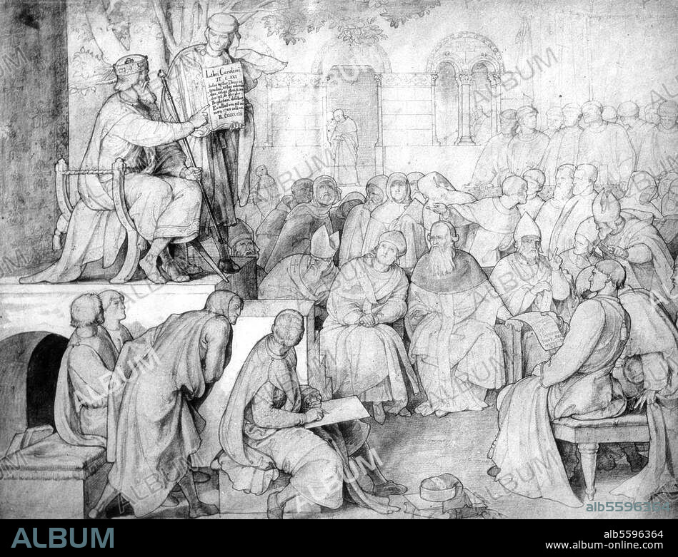 Charlemagne, King of the Franks (768-814), Holy Roman emperor; 742 - 814. "Synod to Frankfurt" (794). Drawing, 1840, by Alfred Rethel (1816-59). Pencil, 48.7 × 64.3 cm. Design for the fresco cycle in the emperor's hall of the town hall in Aachen. Dresden, Staatliche Kunstsammlungen, Kupferstichkabinett.