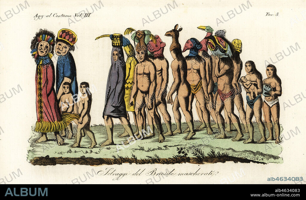 Ticuna people celebrating a birth. They wear masks made of tree bark representing the demon Jurupari, forest animals, birds and Native people of Brazil wearing masks, circa 1800. Selvaggi del Brasile mascherati. Handcoloured copperplate engraving after Giulio Ferrario in his Costumes Ancient and Modern of the Peoples of the World, Il Costume Antico e Moderno, Florence, 1837.