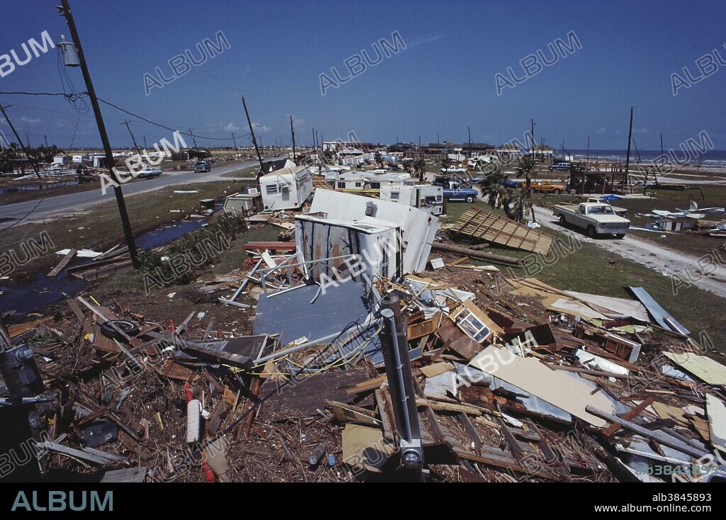 Hurricane Alicia Aftermath 8/18/83. Damaged trailer park on West Beach. Galveston, Texas.