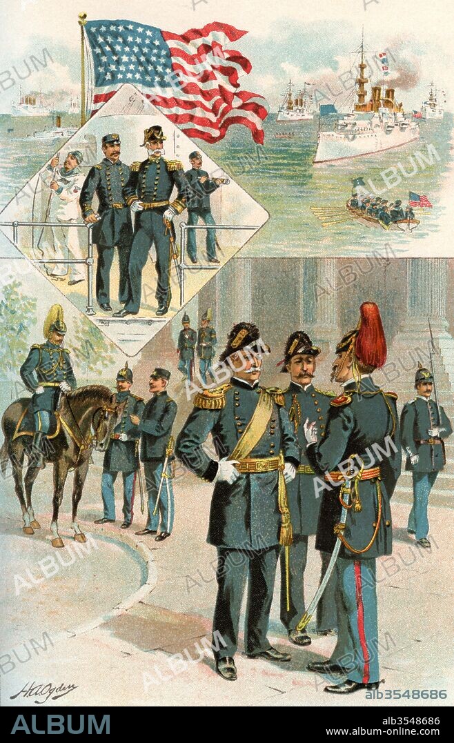 United States army and navy uniforms at the time of the Spanish-American War, 1898. From The History of Our Country, published 1900.