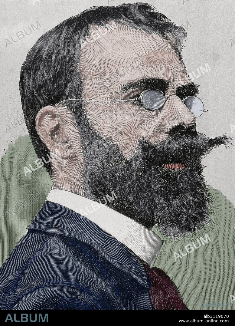 Francisco Pradilla Ortiz (1848-1921). Spanish painter. Portrait. Engraving, 19th century. Colored.