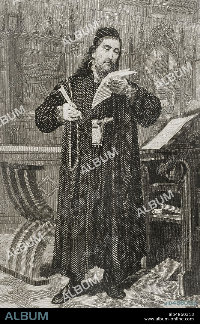 Ramón Llull (c. 1232-1316). Religioso, filósofo, poeta, místico, teólogo y misionero mallorquín. Conocido como"el doctor iluminado". Ilustración por Cava. Grabado por Roca. Historia de Cataluña y de la Corona de Aragón, por Victor Balaguer. Barcelona,1861.