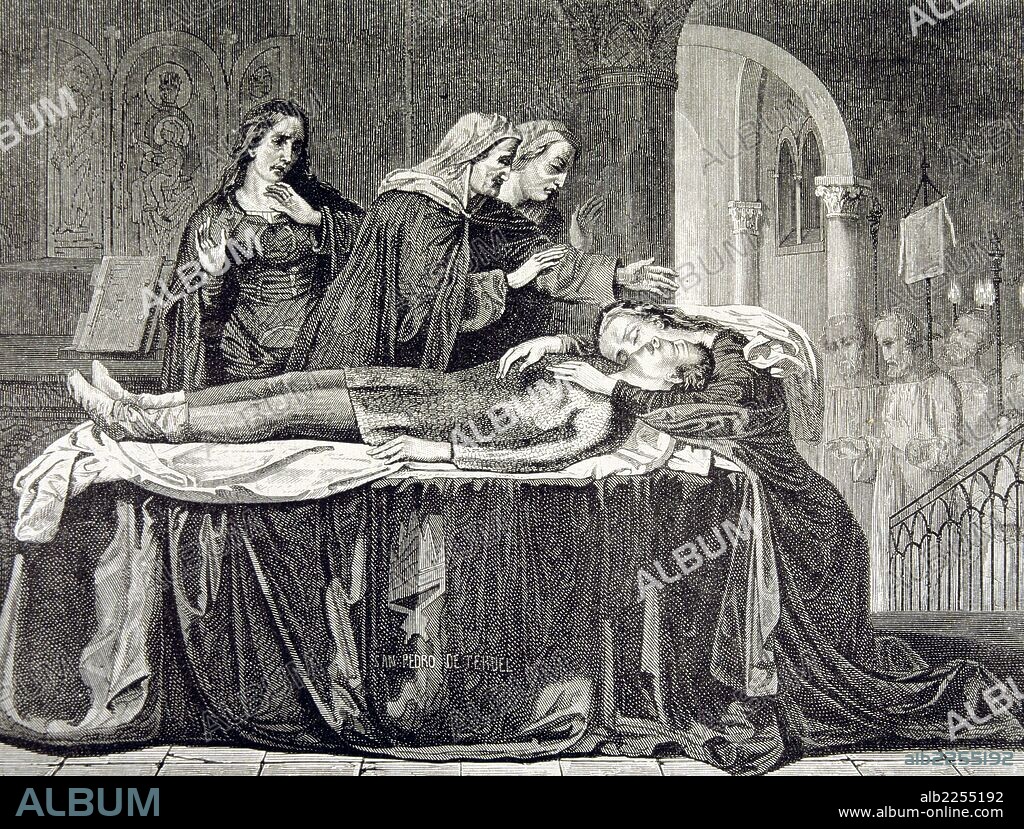 AMANTES DE TERUEL , LOS. LEYENDA ESPAÑOLA QUE REFIERE LOS AMORES TRAGICOS DE DIEGO MARSILLA E ISABEL DE SEGURA. EUGENIO HARTZENBUSCH , ESCRIBIO EN 1836 UN DRAMA HISTORICO EN 5 ACTOS. GRABADO SEGUN CUADRO DE JUAN GARCIA MARTINEZ , PUBLICADO EN LA REVISTA MUSEO UNIVERSAL.