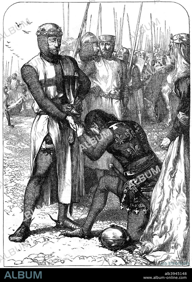 Queen Eleanor intercedes for John. A print from The Boys Own Paper.