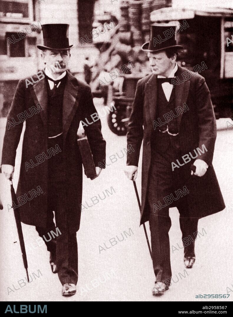 David Lloyd George (1863-1945) and Winston Churchill (1874-1965) in 1907.