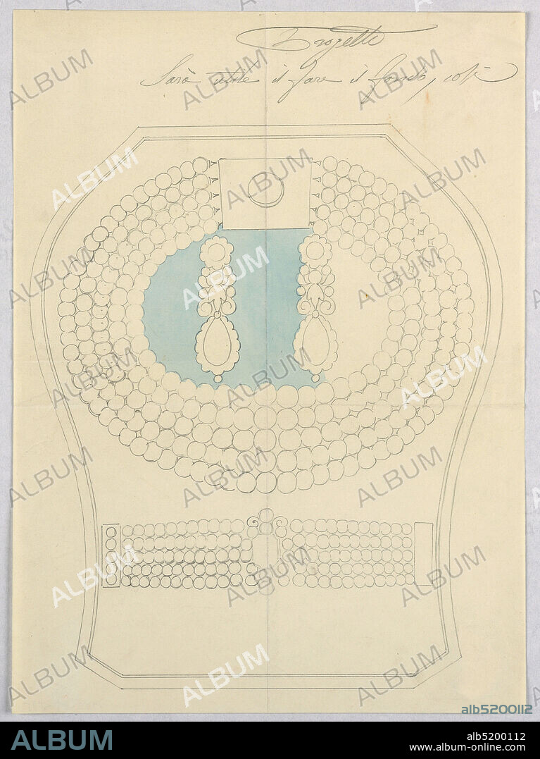 Design for a Jewel Box with Earrings, a Pearl Necklace, and a Bracelet, Graphite, brush and blue watercolor wash on paper, Plan of a jewel box containing earrings, a pearl necklace, and a bracelet. Necklace and bracelet consist of five strings of pearls., Florence, Italy, ca. 1850, jewelry, Drawing, Drawing.