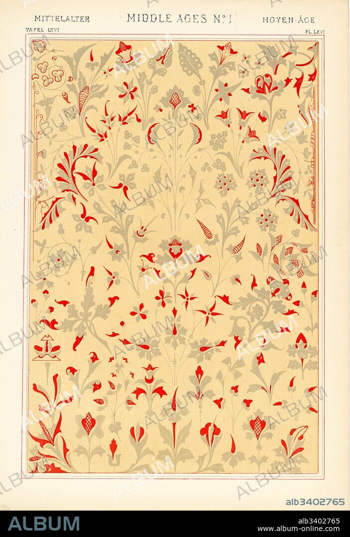 Conventional leaves and flowers from an illuminated manuscript, Middle Ages. Chromolithograph by Francis Bedford from Owen Jones' The Grammar of Ornament, Quaritch, London, 1868.