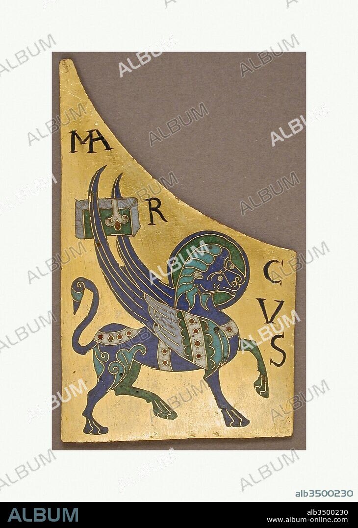 Plaque with the Symbol of the Evangelist Mark, ca. 1100, Made in Conques, France, French, Copper: cut and gilt; champlevé and cloisonné enamel: black, lapis and lavender blue, turquoise, green, red, white, pinkish white., Overall: 4 x 2 7/16 x 1/8in. (10.1 x 6.2 x 0.3cm), Enamels-Champlevé & Cloisonné, This plaque, part of an ensemble including four plaques with the symbols of the evangelists and a central roundel with the crucifixion, probably from a book cover, can be securely attributed to the celebrated pilgrimage abbey of Saint Foy at Conques, France's richest surviving repository of medieval goldsmith's work.