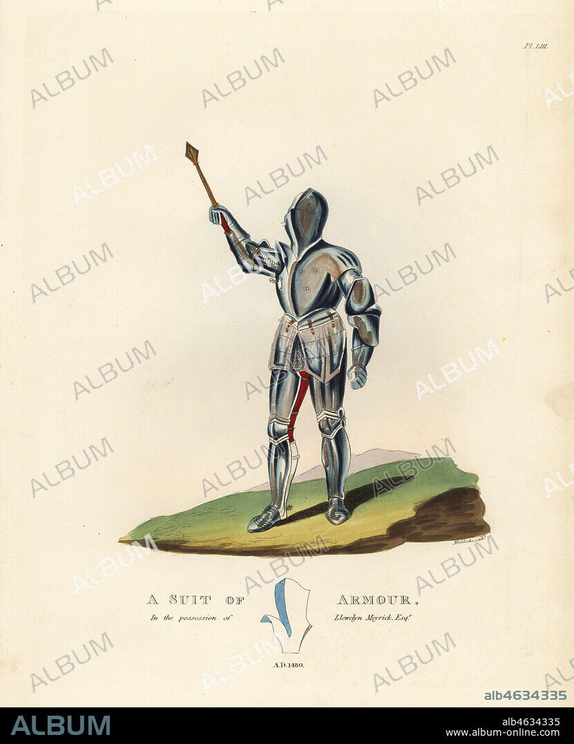 A suit of jousting armour, 1480. With grand guard to protect the breast and left shoulder, volant piece and right shoulder protector, and elbow guards or garde-de-bras, tasses and pointed tuilette, pointed sollerets and plate gauntlets. In the possession of Llewelyn Meyrick bought from the Caraffa family, Naples, Italy. Handcoloured lithograph by Maddocks after an illustration by S.R. Meyrick from Sir Samuel Rush Meyrick's A Critical Inquiry into Antient Armour, John Dowding, London, 1842.