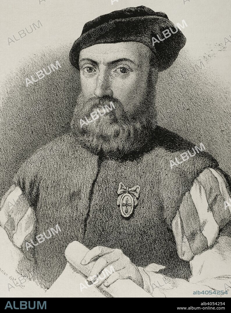 Ferdinand Magellan (1480-1521). Portuguese navigator and explorer. Drawing by J. Cebrian. Lithography. Portrait, detail. Cronica General de Espa–a, Historia Ilustrada y Descriptiva de sus Provincias. Andalucia, 1867.