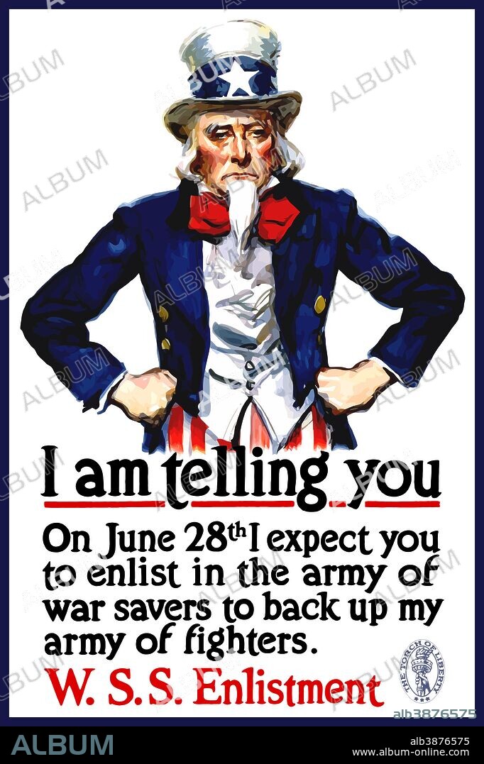 Vintage World War I poster of Uncle Sam standing with his hands on his hips. It reads, I am telling you, on June 28th I expect you to enlist in the army of war savers to back up my army of fighters. W.S.S. Enlistment.