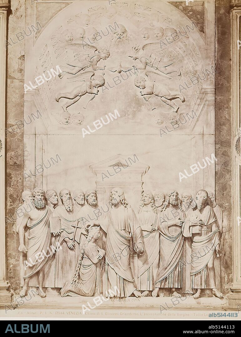 Tullio Lombardo: Coronation of Mary in the circle of the Apostles, San Giovanni Crisostomo, Venice, albumin paper, black and white positive process, image size: height: 25,30 cm; width: 19,20 cm, VENEZIA - Chiesa di S. Giovanni Grisostomo. L' Incoronazione della Vergine. (Tullio Lombardo.) Verso round stamp: Museum f. Kunst u. Gewerbe Hamburg, sculpture, sculpture, sculpture art, coronation of the Virgin Mary, interior of a church.