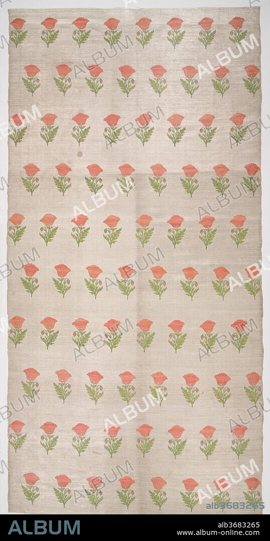 Length of Fabric for Clothing. Dimensions: Textile: H. 57 1/2 in. (146.1 cm)
W. 28 1/2 in. (72.4 cm)
Mount: H.  61 1/4 in. (155.6 cm)
W. 32 1/4 in. (81.9 cm)
D. 1 7/8 in. (4.8 cm). Date: 18th century.
This length of fabric with intact selvedges is decorated with rows of poppies on a ground of shimmering silver-wrapped thread.  Textiles like this example, with repeating patterns of formally arranged, naturalistic flowers on a blank background, were produced in great numbers in Mughal India beginning in the seventeenth century.