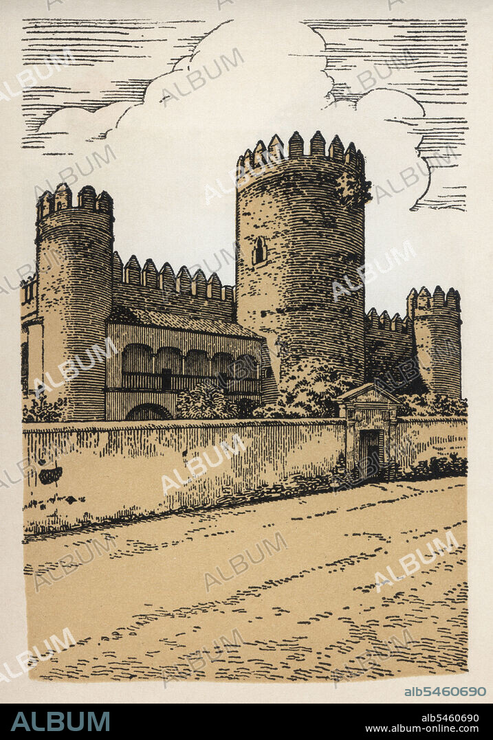 Castillos de España. Badajoz. Castillo de los Duques de Feria en Zafra, alcázar construído en el siglo XV. Grabado de 1924.