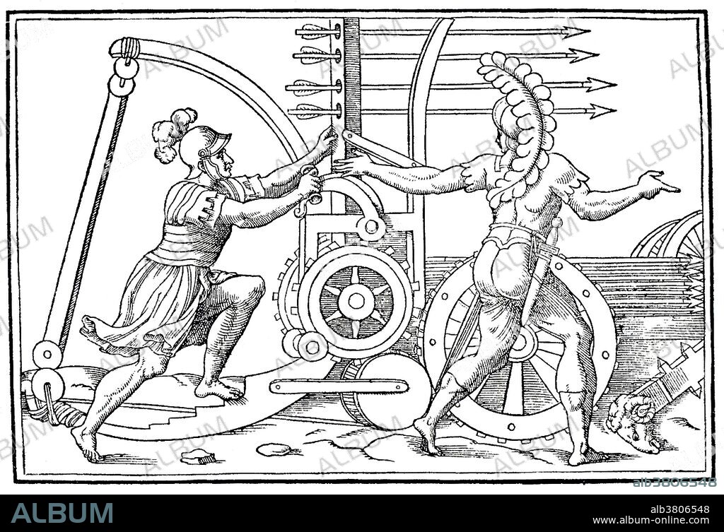 Entitled: "Disciplina militar de, catapulta machina de guerra de las antiguas"; taken from Discours sur la religion des anciens Romains by Guillaume du Choul, 1579. A Springald, or espringal, is mechanical artillery device for throwing large bolts and less commonly stones or Greek fire. It was constructed on the same principles as a Greek or Roman ballista (an ancient missile weapon that launched a large projectile at a distant target), but with inward swinging arms. It was also known as a skein-bow, and was a torsion device using twisted skeins of silk or sinew to power two bow-arms.