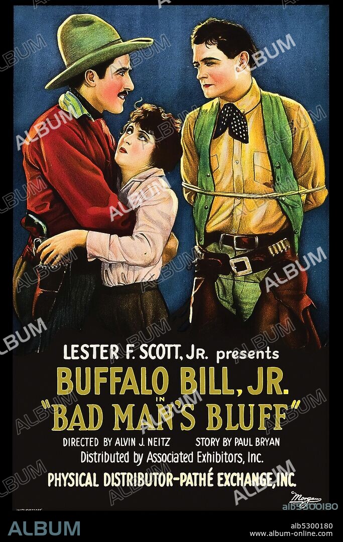 Two cowboys, one tied up, another has a young girl in his arms.  The girl reaches her hand into his holster.  Bad Man's Bluff is a 1926 American silent western film directed by Alan James and starring Jay Wilsey, Molly Malone and Frank Whitson. It was the last film to be distributed under the Associated Exhibitors banner following its merger with Pathe Exchange. Future star Gary Cooper appeared as an extra..