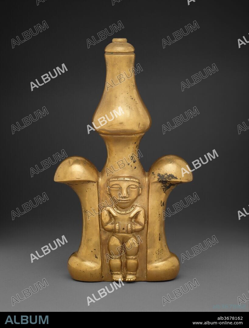 Lime Container (Poporo). Culture: Quimbaya. Dimensions: H. 9 x  W. 5 1/4 in. (22.9 x 13.3 cm). Date: 1st-7th century.
In Andean South America, there is an indigenous tradition for the ritual use of coca leaves. In Precolumbian times the chief method of using coca was to place a quid of leaves into the mouth and add a small amount of powdered lime, made from calcined seashells. Standard coca-chewing paraphernalia included a small bag for the leaves and a container and a spatula or spoon for the lime. The utensils could be quite elaborate and made of precious materials. Lime containers from Colombia, known as "poporos," were often cast in gold in the form of nude human figures or as flasks incorporating raised nude images on each side. Both figures and flasks exhibit great elegance of conception, manufacture, and finish. The shouldered bottle here, adorned on either side with a female figure, still contains powdered lime.