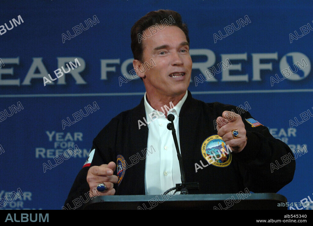 Mar 11, 2005; Long Beach, CA, USA; California Governor ARNOLD SCHWARZENEGGER holds a special press conference to further explain his proposed reforms to education, pensions, and redistricting in California. The Governor's proposed education reforms include an increase of 2.9 billion dollars in spending, but withholding 2.3 billion dollars promised to school districts under proposition 98, which was approved by the voters in 1998. Last year educators agreed to almost 2 billion dollars in budget cuts as The. 11/03/2005