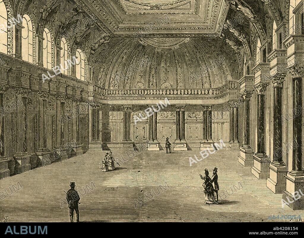 'Interior of Drapers' Hall', 1897. Headquarters of the Worshipful Company of Drapers, one of the livery companies of the City of London. The Hall was rebuilt twice, the first time after it was destroyed by the Great Fire in 1666, and again in 1772 after another fire which did considerable damage. In the 1860s, the frontage was changed and the interior altered by Herbert Williams. From Old and New London, Volume I, by Walter Thornbury. [Cassell and Company, Limited, London, Paris & Melbourne, 1897].