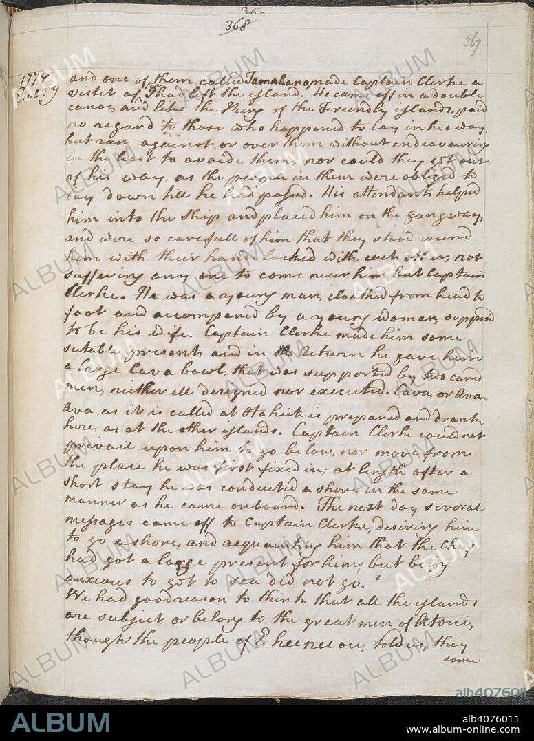 CAPT. JAMES COOK. Entry for February 1778, at the Sandwich Isles [Hawaii], with description of the natives, during the Third Voyage of Captain Cook. Journals of Captain Cook. 1778. Source: Egerton 2177 A, f.367. Language: English.