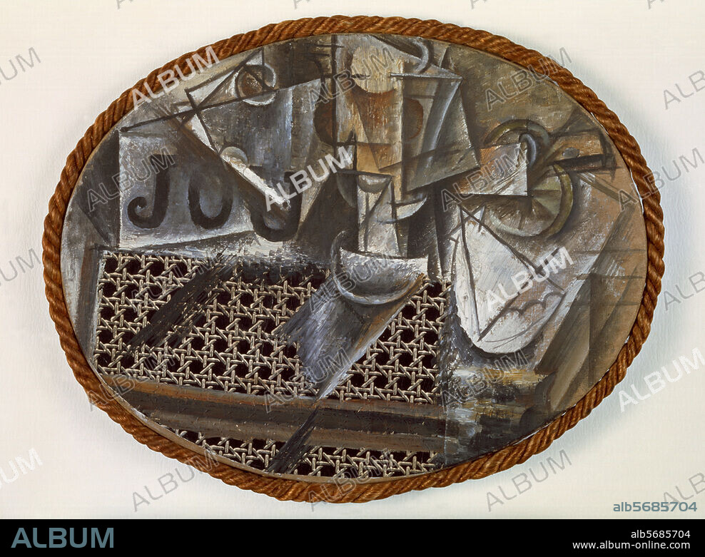 PABLO PICASSO. Picasso, Pablo 1881-1973. "Nature morte a la chaise cannee". (Stilleben mit Rohrstuhlgeflecht), Paris, Mai 1912. Öl / Wachstuch auf mit Schnur gerahmter Leinwand, 29 × 37 cm. Paris, Musée Picasso.
