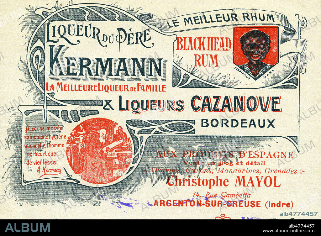 'Liqueur du Pere Kermann, la meilleure liqueur de la famille. Black Head Rum, le meilleur rhum'. Entete d'une facture d'une epicerie a Argenton-sur-Creuse (Indre) vers 1920. Illustration anonyme. Credit : Collection IM/KHARBINE-TAPABOR.