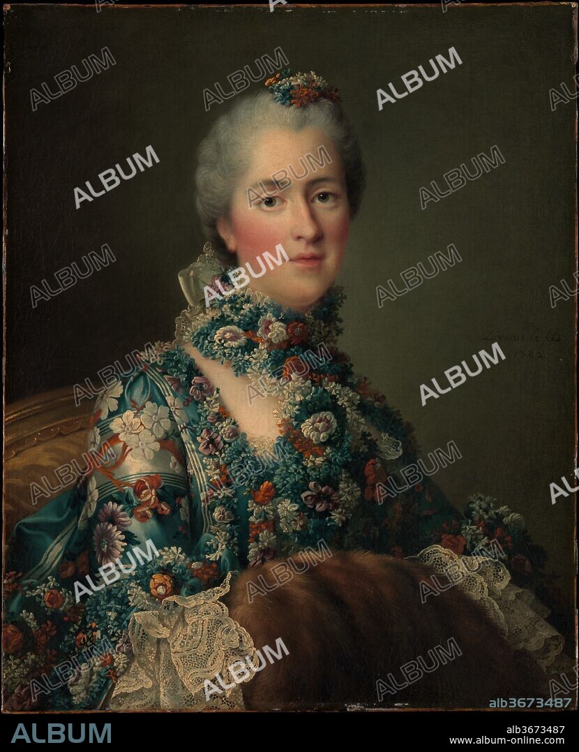FRANCOIS HUBERT DROUAIS. Madame Sophie de France (1734-1782). Artist: François Hubert Drouais (French, Paris 1727-1775 Paris). Dimensions: 25 5/8 x 20 7/8 in. (65.1 x 53 cm). Date: 1762.
Madame Sophie was the sixth of eight daughters of Louis XV of France. Timid and self-effacing, she lived among members of the royal family at the châteaux of Bellevue and Versailles until her early death at forty-seven. She wears a magnificent dress of striped and flowered damask with a hair ornament of flowers and straps of the same material.