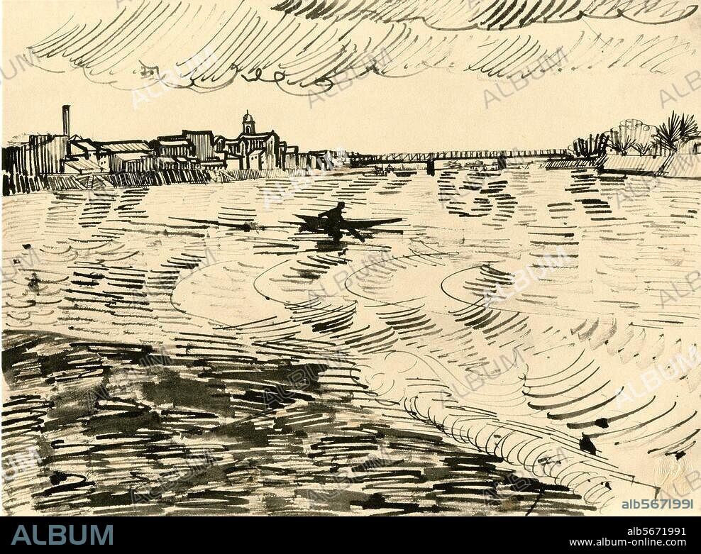 VINCENT VAN GOGH. Gogh, Vincent van 1853-1890. "Blick auf Arles: Die Rhone", April / Mai 1888. Rohrfeder, 25,5 × 34,5 cm. München, Staatliche Graphische Sammlung.