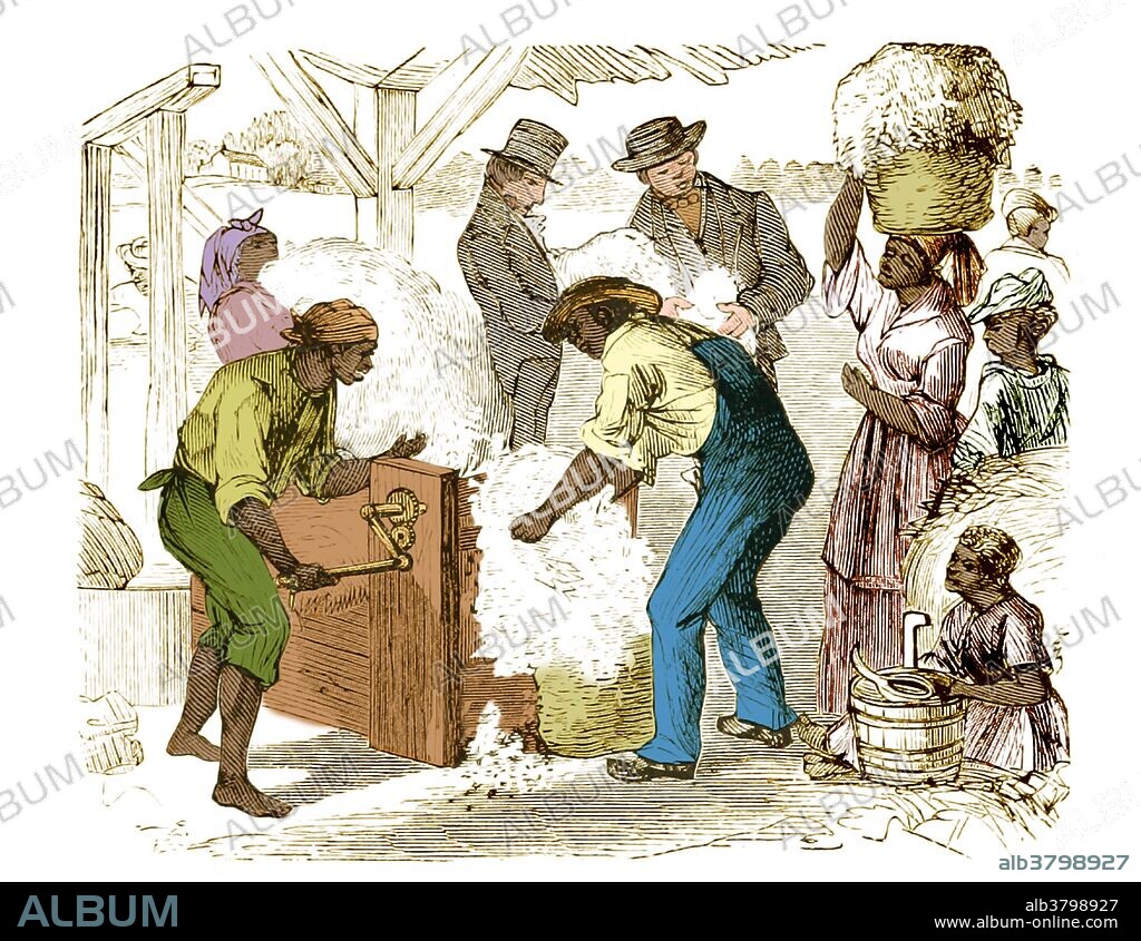 Harper's Weekly engraving from 1869 showing Eli Whitney's (1765-1825) cotton gin in operation. The idea of interchangeable parts, made by such power-driven tools as this drill press, was not original with Whitney. In 1785 Jefferson visited a French inventor who was working on that principle; but Whitney was the first to translate a theory into a production system. In the South, the cotton gin revolutionized the way cotton was harvested and reinvigorated slavery.