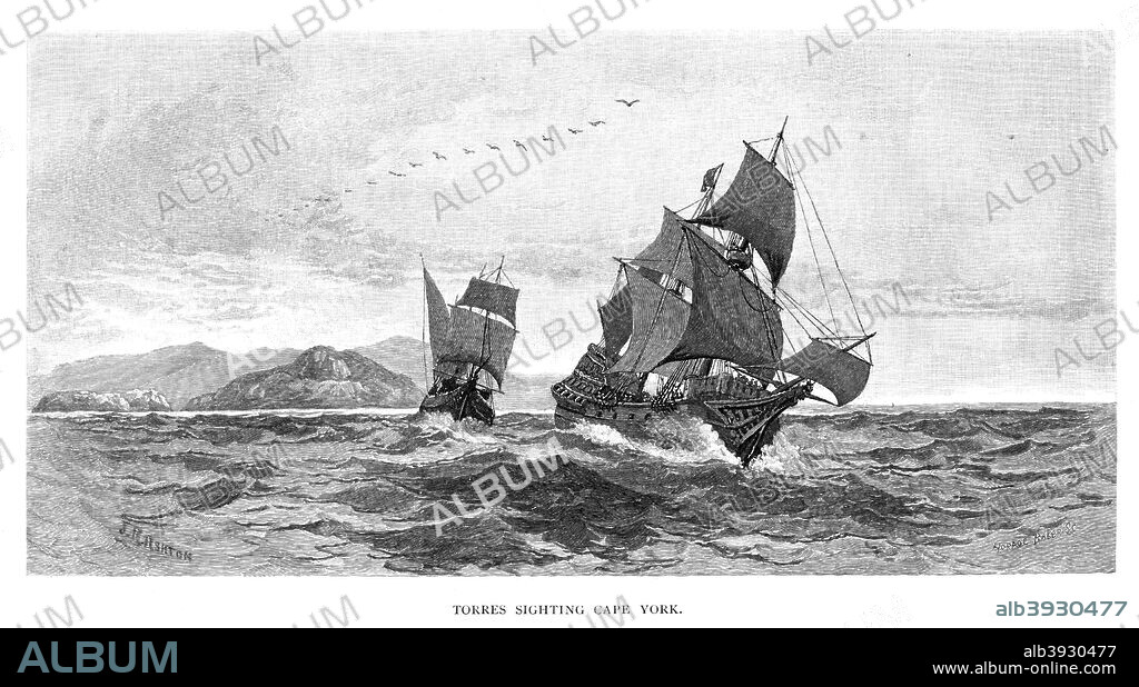 Luis Vaez de Torres sighting Cape York, 1606, (1886). Cape York Peninsula in Queensland is the northernmost extremity of Australia. Luis Vaez de Luis Vaez de Torres, a Portuguese seaman, is known for the first recorded navigation of the strait which separates Cape York from the island of New Guinea, and which was named after him (Luis Vaez de Torres Strait). Wood engraving from 'Picturesque Atlas of Australasia, Vol I', by Andrew Garran, illustrated under the supervision of Frederic B Schell, (Picturesque Atlas Publishing Co, 1886).