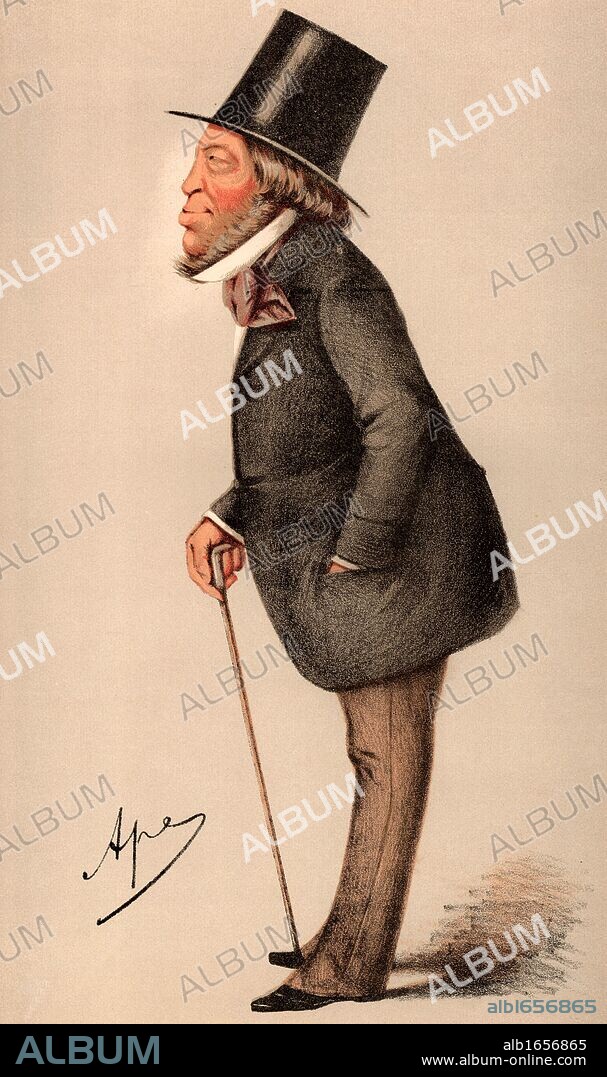 Meyer Amschel de Rothschild (1818-1874) English sportsman and art collector, fourth son of Nathan Meyer Rothschild. Liberal Member of Parliament for Hythe, Kent (1859-1874). Cartoon by 'Ape' (Carlo Pellegrini - 1838-1889) from "Vanity Fair", London, 27 May 1871. Chromolithograph. (Photo by: Universal History Archive/UIG via Getty Images).
