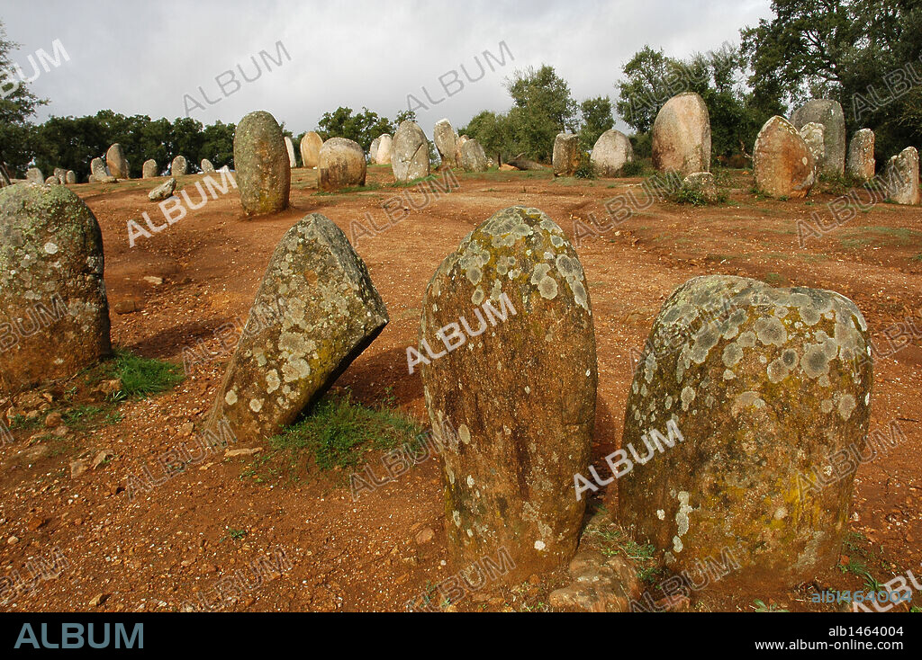The Cromlech of the Almendres. Megalithic complex: Cromlechs and menhirs stones. 6th millennium BC. Neolithic. Near Evora. Alentejo region. Portugal.